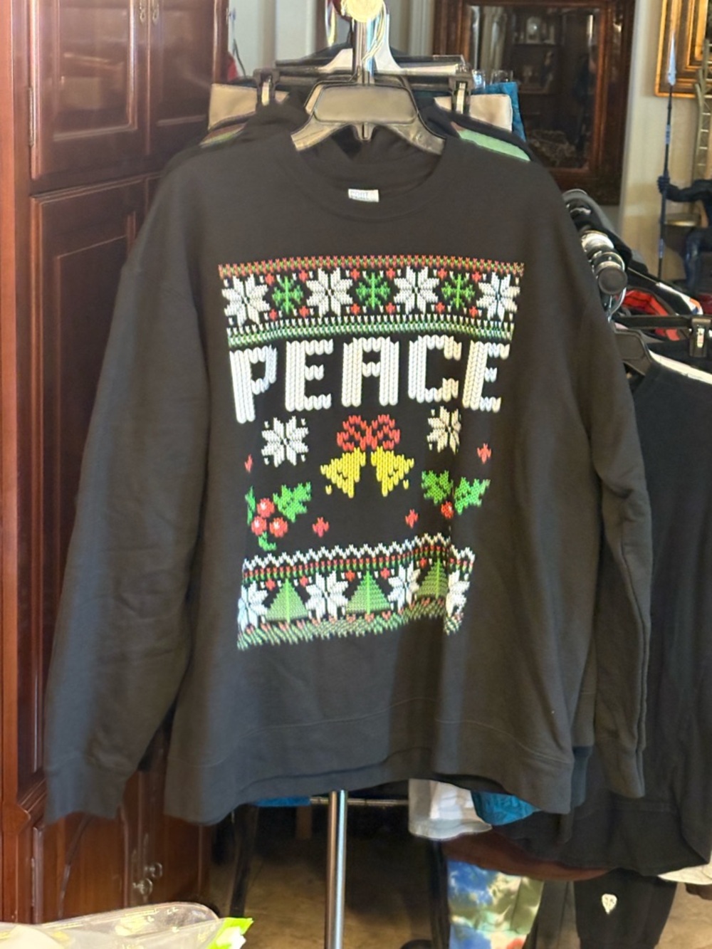 Black 'Peace' Holiday Knit-Style Sweatshirt